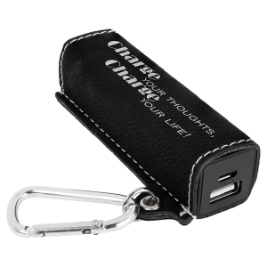 Black/Silver Leatherette Power Bank with Charging Cord and Carabiner