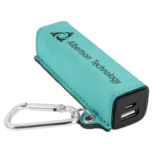 Teal Leatherette Power Bank with Charging Cord and Carabiner