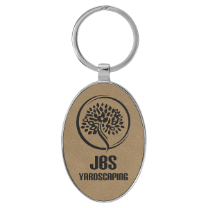 Light Brown Leatherette Oval Keychain with Metal Frame