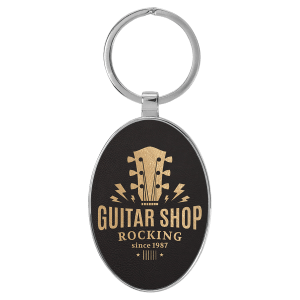 Black/Gold Leatherette Oval Keychain with Metal Frame