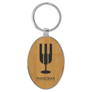 Bamboo Leatherette Oval Keychain with Metal Frame