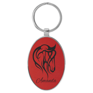 Red Leatherette Oval Keychain with Metal Frame