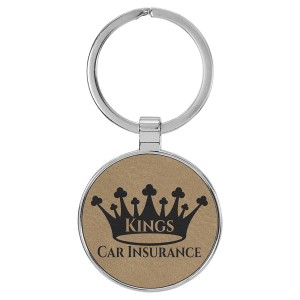 Light Brown Leatherette Round Keychain with Metal Frame