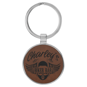 Dark Brown Leatherette Round Keychain with Metal Frame