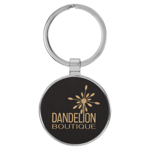 Black/Gold Leatherette Round Keychain with Metal Frame
