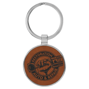 Rawhide Leatherette Round Keychain with Metal Frame