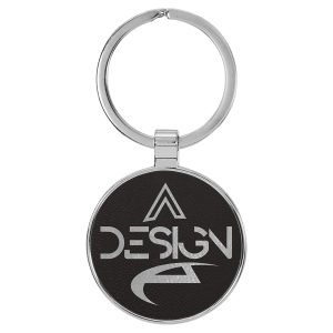 Black/Silver Leatherette Round Keychain with Metal Frame