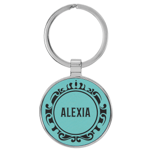 Teal Leatherette Round Keychain with Metal Frame