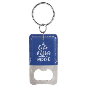 Blue/Silver Leatherette Rectangle Bottle Opener Keychain