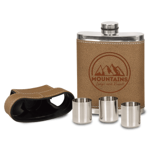 7 oz. Leather Wrapped Stainless Steel Flask Kit 3 Shot Glasses Stored in Lid