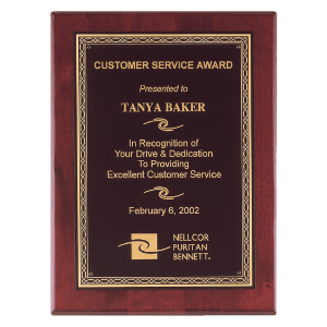 Rosewood Piano Finish Plaque with Gold Florentine Border Laserable Black Brass 8" x 10" Airflyte Premium Plate