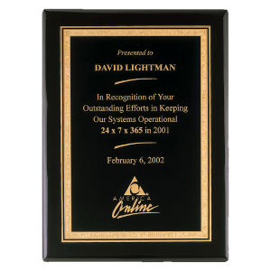 Black Piano Finish Plaque with Gold 9" x 12" Airflyte Premium Florentine Border LaserFX Plate