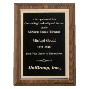 Walnut Piano Finish Plaque with Textured Black/Gold 9" x 12" Airflyte Florentine Border LaserFX Plate
