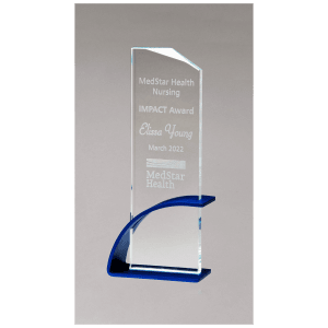 Blue Contemporary Clear 3 7/8" x 9 3/8" x 1/2" Thick Glass Award, Arched Base with Matte Metallic Finish