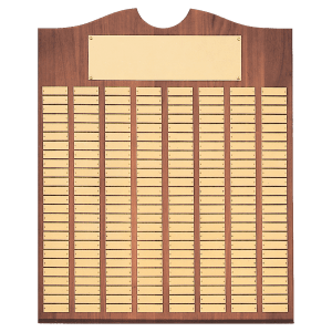 Walnut 100 Plate Perpetual Plaque with Brushed Brass 20" x 30"/Plates 7/8" x 2 3/4" American Plates