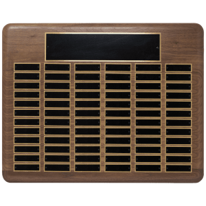 Walnut 80 Plate Perpetual Plaque with Black Brass 22" x 30"/Plates 7/8" x 2 3/4" American Plated Steel Plates