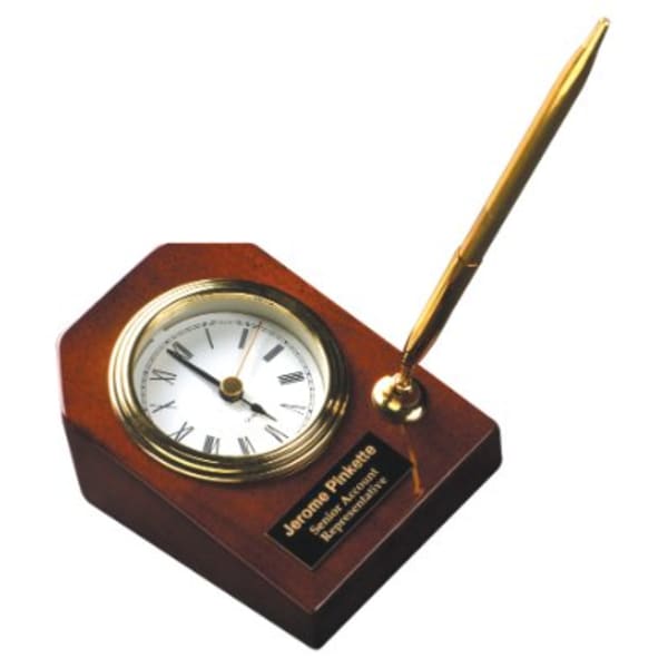 3 5/8" x 4 3/4" Rosewood Piano Finish Desk Clock with Pen