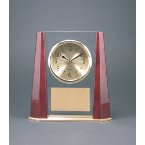 7" Glass Desk Clock with Rosewood Finish Bevel Columns