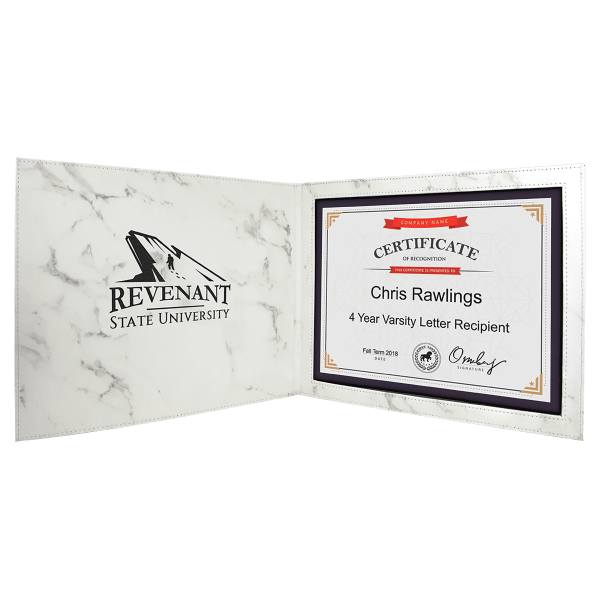 9" x 12" White Marble Laserable Leatherette Certificate Holder for 8 1/2" x 11"