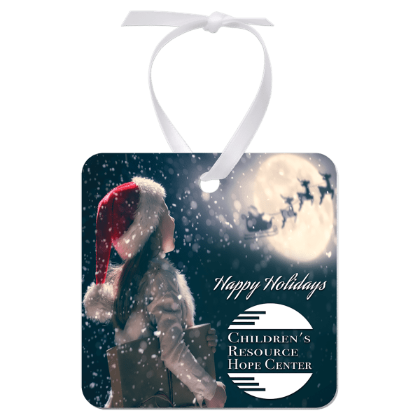 2.75"x 2.75" Gloss White Aluminum Square Ornament, 1-Side w/White Ribbon