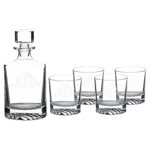 Polar Camel 850mL Round Glass Decanter Set with Four 9 oz. Rocks Glasses in Black Gift Box with Printed Paper Sleeve