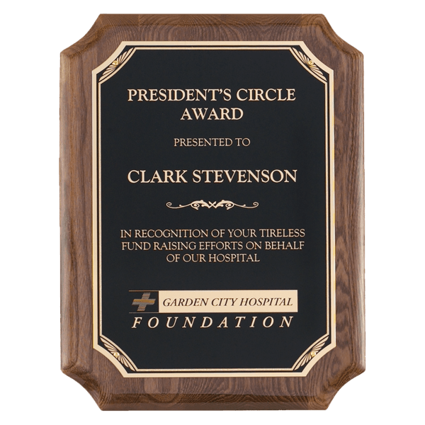8" x 10" Airflyte Walnut Piano Finish Plaque with Gold Florentine Border Black LaserFX Plate