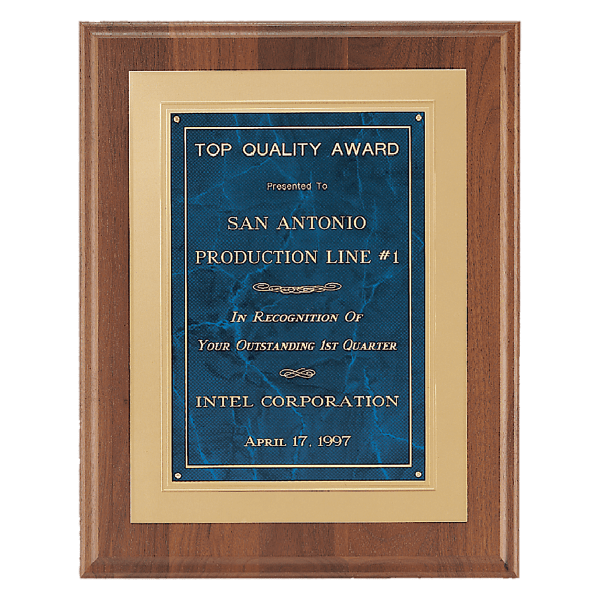 12" x 15" American Walnut Step Edge Plaque with Sapphire Marble Gold Framed LaserFX Plate