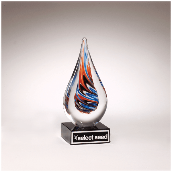 7 1/2" Teardrop Art Glass on Black Glass Base with Black Laserable Aluminum Plate