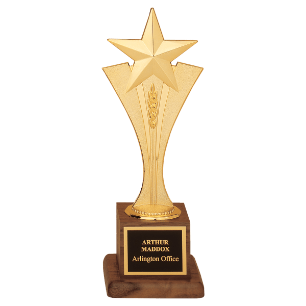 3 1/2" x 10" Modern Goldtone Star Casting on a Walnut Finish Base with Laserable Black Brass Plate