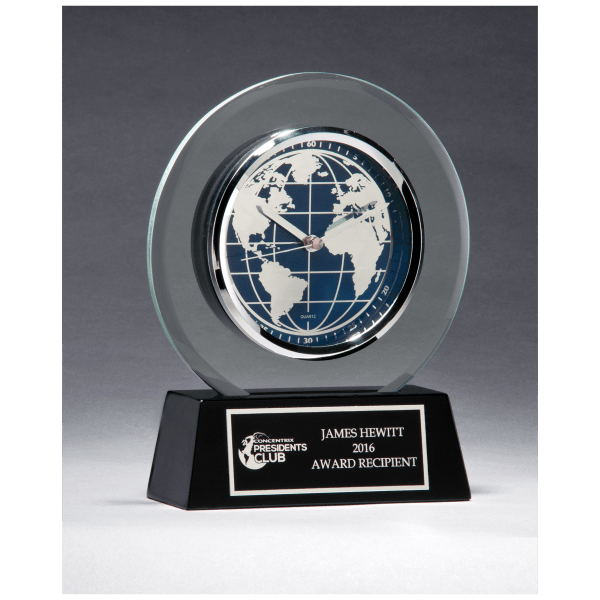 7 1/4" x 8 3/4" Glass Clock with World Dial on Black High Gloss Base, Black Plate