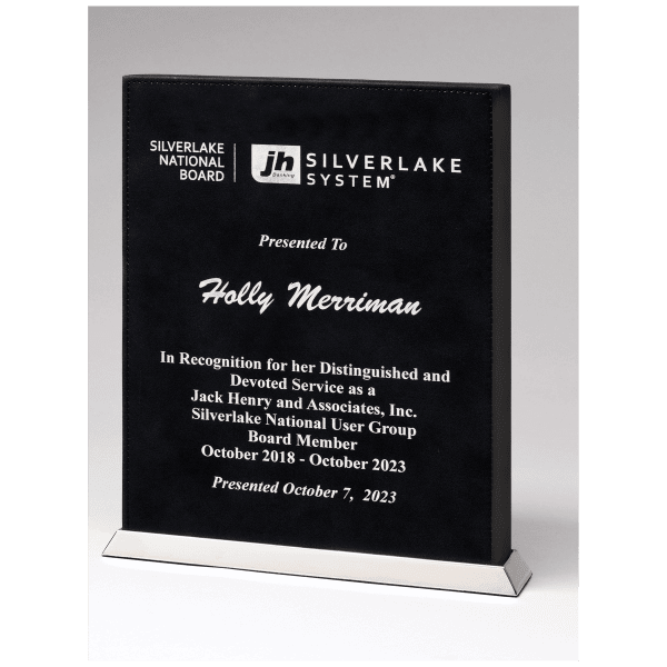 7 1/2" x 10" Black/Silver Laser Leather Desktop Plaque with Chrome Plated Base