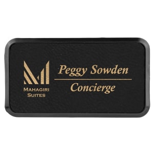 3″ x 1 1/2″ Black/Gold Laserable Leatherette Round Corner Badge & Frame