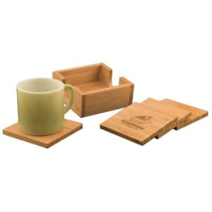 4″ x 4″ Bamboo Square 4-Coaster Set with Holder