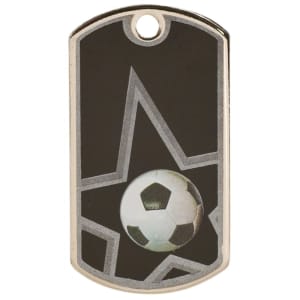 2″ Black/Silver Soccer Laserable Star Dog Tag