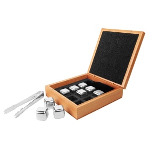 6 1/4″ x 6 3/4″ Stainless Steel Whiskey Stone Set in Bamboo Case