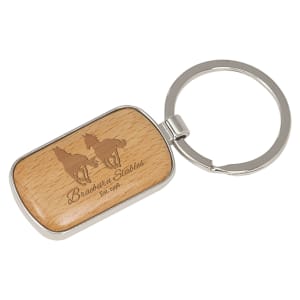 1″ x 1 3/4″ Silver/Wood Laserable Rounded Corner Rectangle Keychain