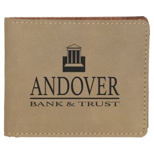 4 1/2″ x 3 1/2″ Light Brown Laserable Leatherette Bifold Wallet