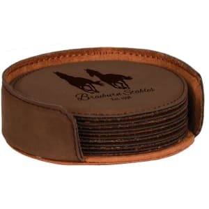 4″ Dark Brown Round Laserable Leatherette 6-Coaster Set