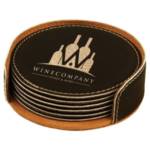 4″ Black/Gold Round Laserable Leatherette 6-Coaster Set