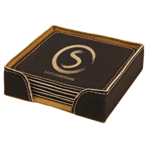 4″ x 4″ Black/Gold Square Laserable Leatherette 6-Coaster Set