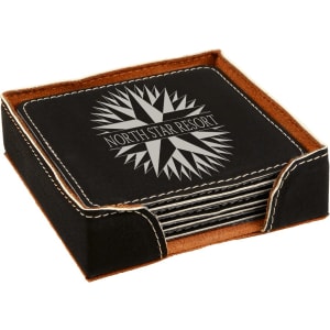 4″ x 4″ Black/Silver Square Laserable Leatherette 6-Coaster Set