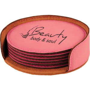 4″ Pink Round Laserable Leatherette 6-Coaster Set