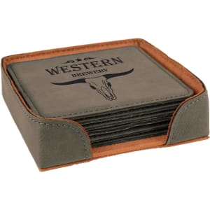 4″ x 4″ Gray Square Laserable Leatherette 6-Coaster Set