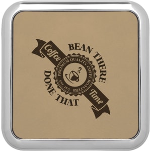 3 5/8″ x 3 5/8″ Square Light Brown Laserable Leatherette Coaster w/Silver Edge