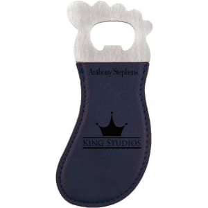Blue/Back Laserable Leatherette Foot Shaped Bottle Opener with Magnet