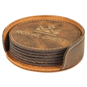 4″ Rustic/Gold Round Laserable Leatherette 6-Coaster Set