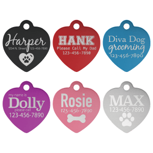 1″ x 1″ Laserable Anodized Aluminum Heart Pet Tag Sample Set