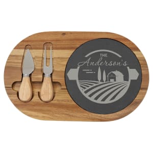 12 1/2″ x 7 3/4″ Acacia Wood/Slate Oval Cheese Set with Two Tools