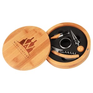 6 1/4″ Round Bamboo 4-Piece Wine Tool Set