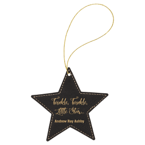 Black/Gold Laserable Leatherette Star Ornament with Gold String